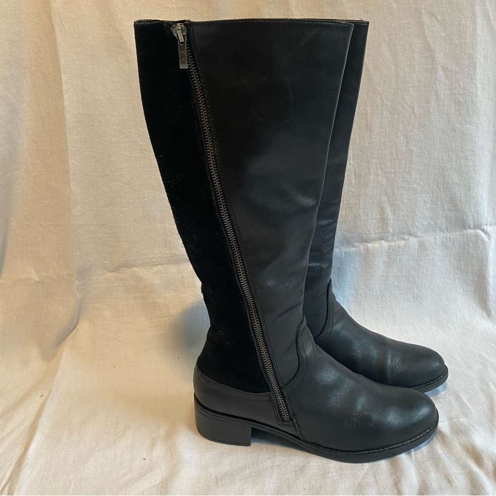 Franco Sarto Black Leather Suede Block Heel Round Toe Boots Size 9